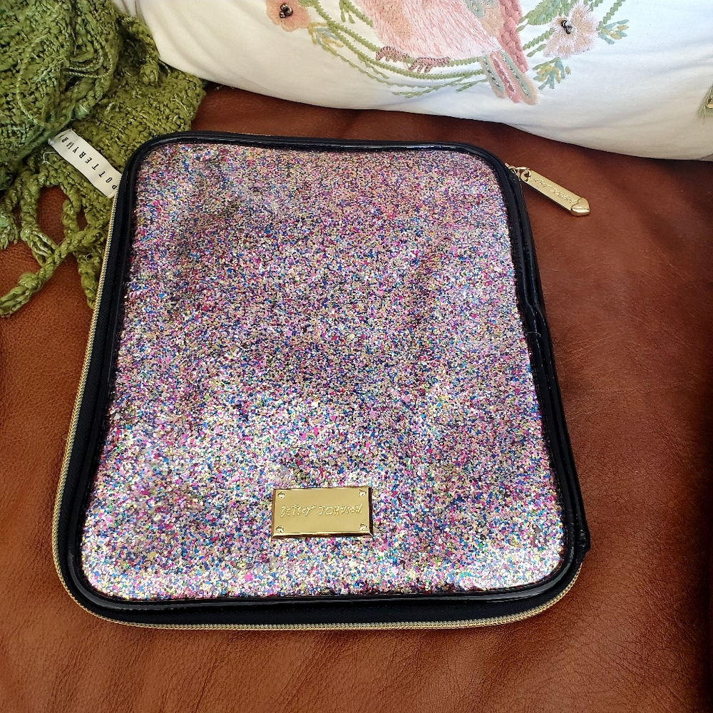Betsey Johnson Rainbow Glitter Black Zip-Up iPad Case
